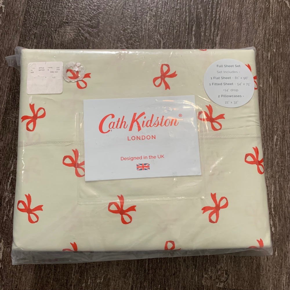 Cath Kidston Full Sheet Set Christmas Ruby Sage Red Bows 100% Cotton NEW